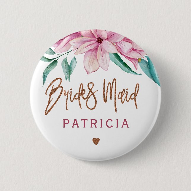 Bridesmaid floral pink copper bridal shower 6 cm round badge (Front)
