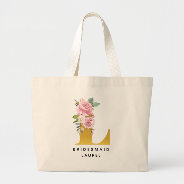 Bridesmaid Floral Pink Gold Monogram Letter L Large Tote Bag (Front)