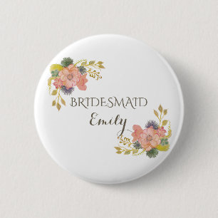 Bridesmaid Floral Watercolor Vintage Elegant Boho 6 Cm Round Badge