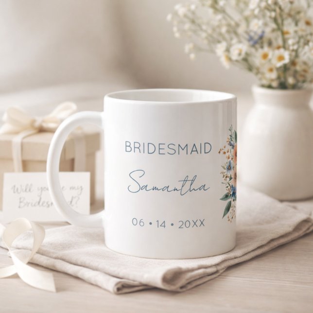 Bridesmaid Gift Blue Floral Personalised Coffee Mug (Creator Uploaded)