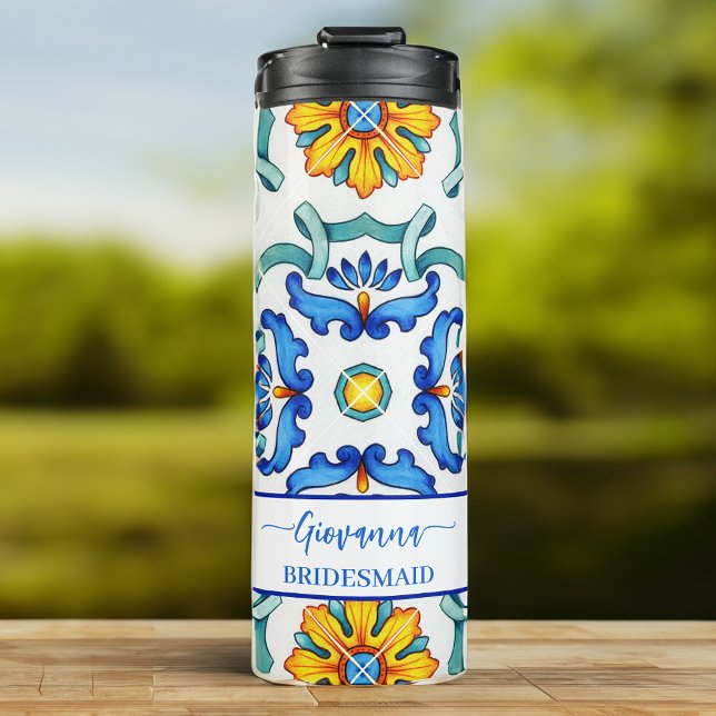 Bridesmaid gift bridal party favours Majolica blue Thermal Tumbler (Bridesmaid gift bridal party favors Majolica blue personalized name Thermal Tumbler)
