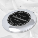 Bridesmaid Gift Elegant Black & Silver Wedding Compact Mirror<br><div class="desc">These compact mirrors are designed to give as favors to the bridesmaids in your wedding party. They feature a simple yet elegant design with a classic black background, script lettering, and an ornate silver gray floral border. Perfect way to thank your bridesmaids for being a part of your special day!...</div>