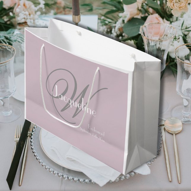 Bridesmaid Gift Elegant Monogram + Name Blush Pink Large Gift Bag (A Perfect Bridesmaid Gift Elegant Monogram + Name Blush Pink, White & Gray Large Gift Bag.)