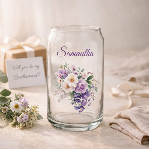 Bridesmaid Gift Elegant Purple Floral Personalised Can Glass