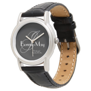 Bridesmaid Gift Grey Monogram White Details Black Watch