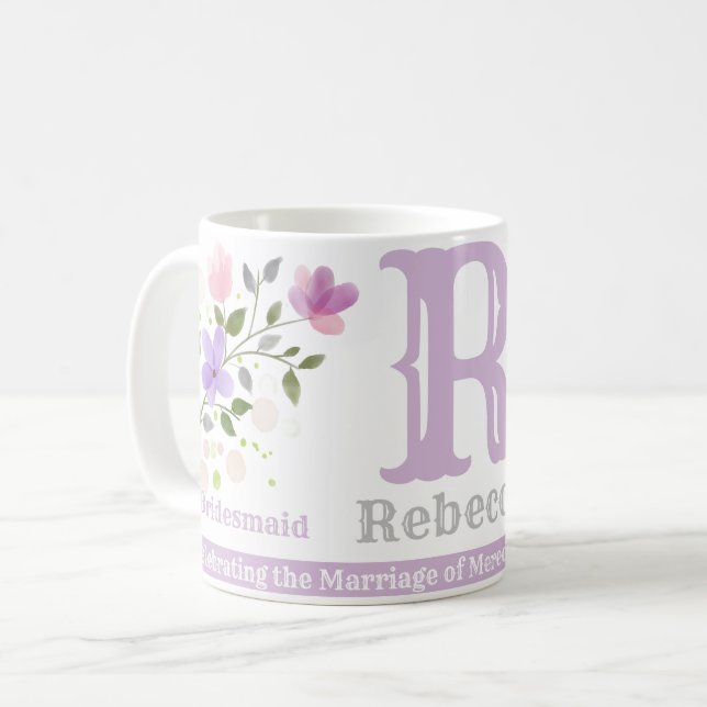 Bridesmaid Gift with Name & Initial. Floral Design Coffee Mug (Front Left)