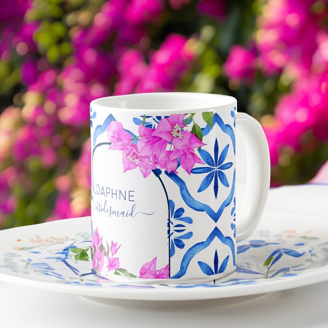 Bridesmaid gifts blue tiles bougainvilleas custom coffee mug (Bridesmaid gifts blue tiles bougainvilleas custom coffee mug personalized name mug bridal party favo)