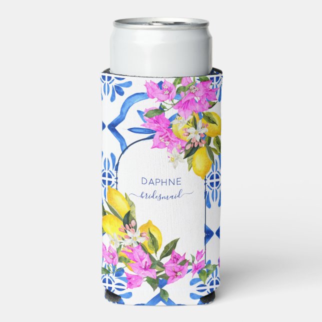Bridesmaid gifts blue tiles bougainvilleas custom seltzer can cooler (Seltzer Front)