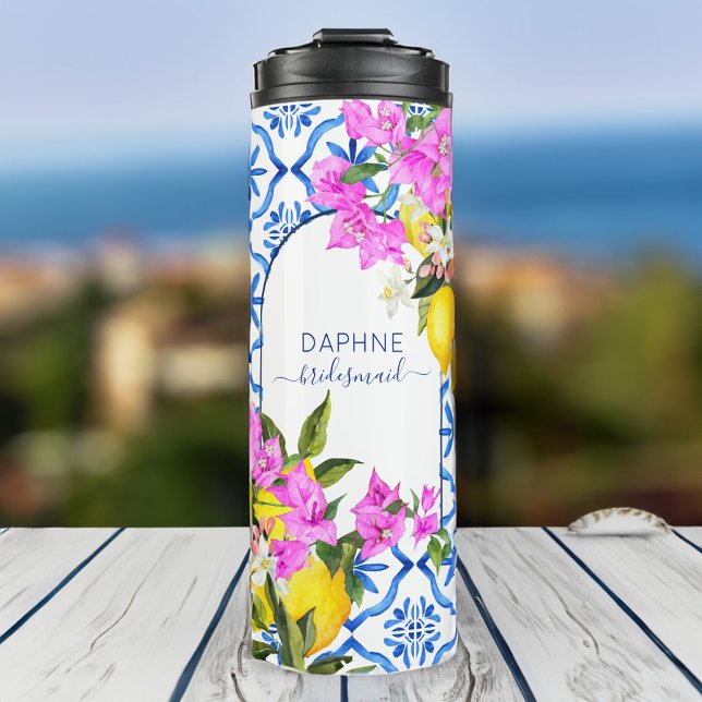Bridesmaid gifts blue tiles bougainvilleas custom thermal tumbler (Bridesmaid gifts blue tiles bougainvilleas custom thermal tumbler)