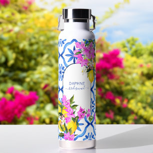 Bridesmaid gifts blue tiles bougainvilleas custom water bottle