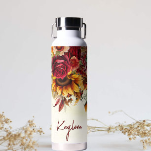 Bridesmaid gifts burgundy roses sunflowers  custom water bottle