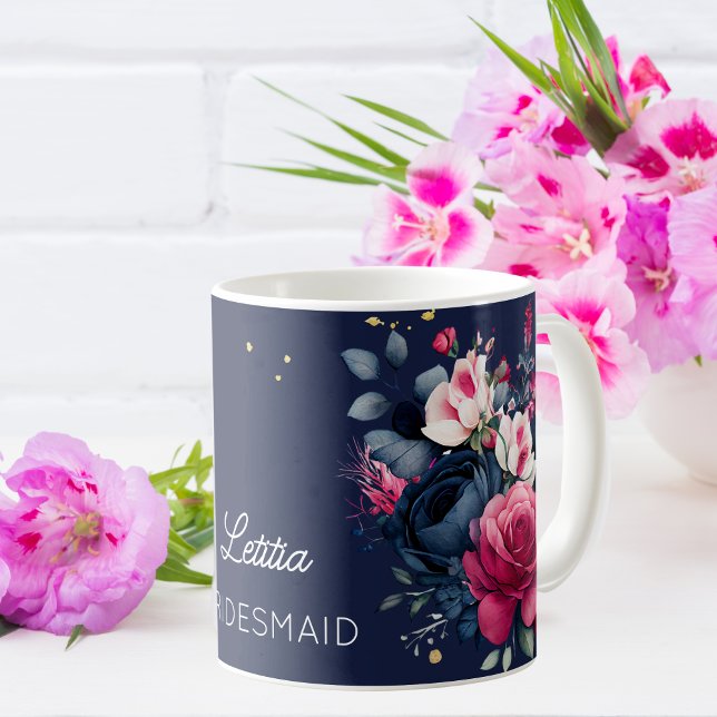 Bridesmaid gifts custom name navy blue pink roses coffee mug (Creator Uploaded)