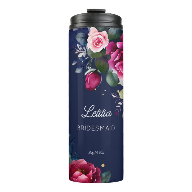 Bridesmaid gifts custom name navy blue pink roses thermal tumbler (Front)