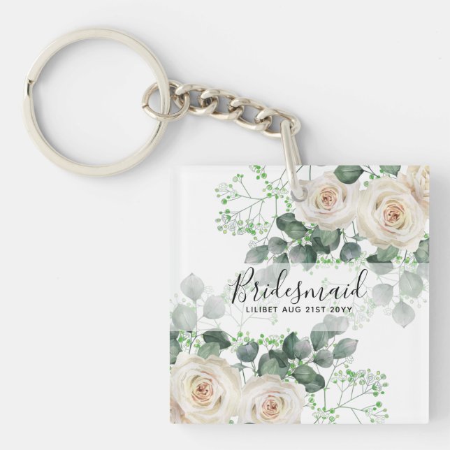 Bridesmaid Gifts White Roses Theme Personalised Key Ring (Front)