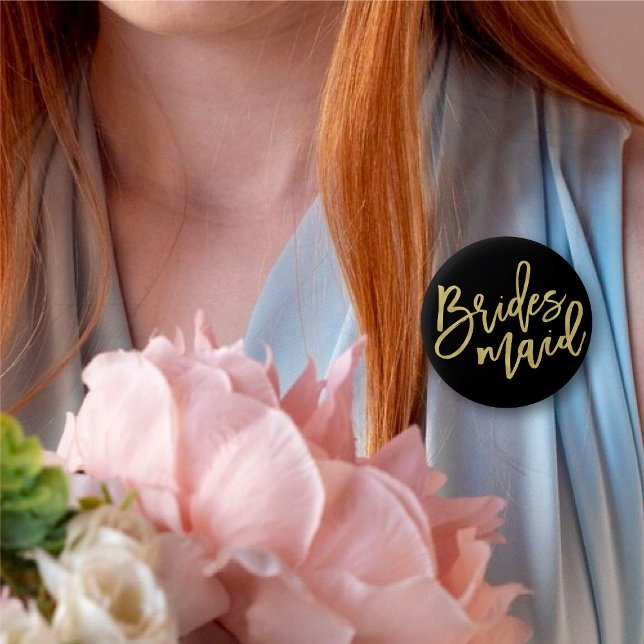 Bridesmaid Gold Brush Script Bridal Party Wedding 6 Cm Round Badge ('Bridesmaid' Gold Brush Script Calligraphy Wedding Rehearsal Pin Button @ fatfatin_blue_knot)