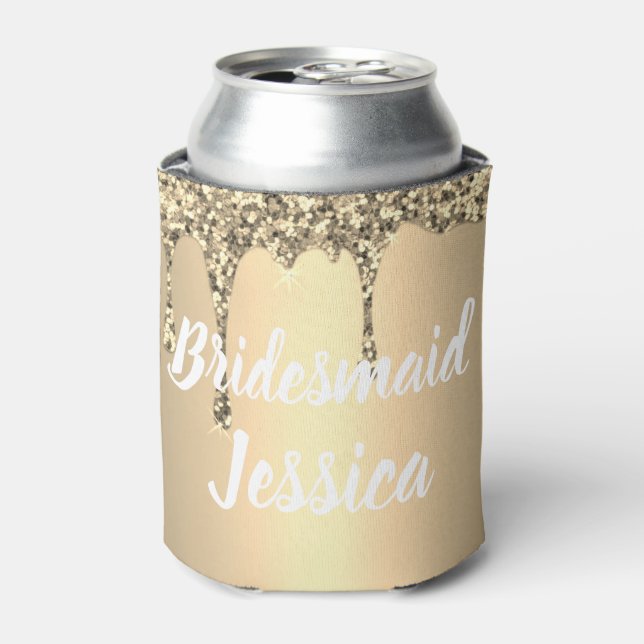 Bridesmaid Gold Drip Glitter Elegant Weddings Can Cooler (Can Front)