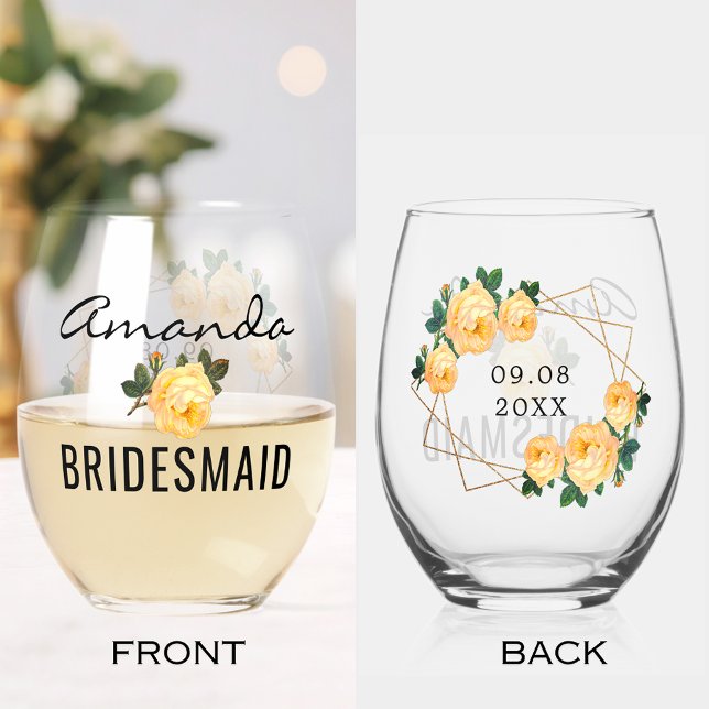Bridesmaid Gold Glitter Geo Orange Floral Wed Stemless Wine Glass (Bridesmaid Gold Glitter Geo Blue Floral Wedding Stemless Wine Glass)