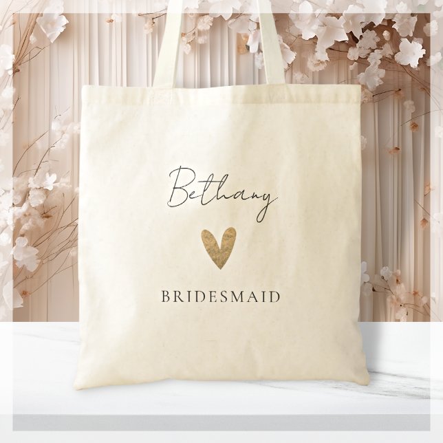 Bridesmaid Gold Heart Modern Script  Tote Bag (Creator Uploaded)