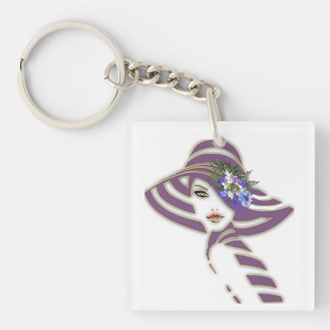 Bridesmaid Gold & Jacaranda Flowers Key Ring (Front)