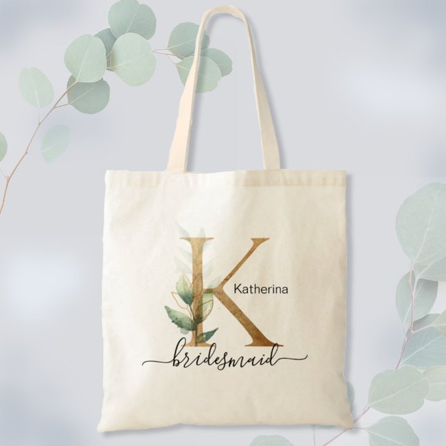 Bridesmaid Gold Leaf Greenery Foliage Monogram "K" Tote Bag (Creator Uploaded)