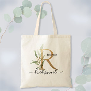 Bridesmaid Gold Leaf Greenery Foliage Monogram "R" Tote Bag