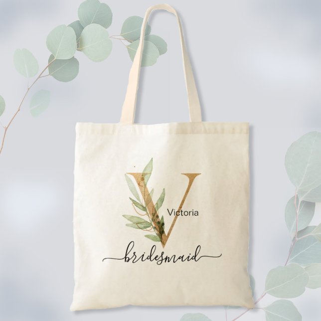 Bridesmaid Gold Leaf Greenery Foliage Monogram "V" Tote Bag (Creator Uploaded)