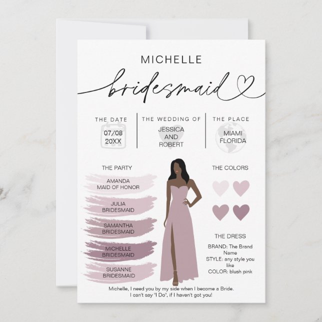 Bridesmaid Info Card Bridal Party Information (Front)