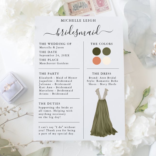 Bridesmaid Info Card Details Olive, Clay (Creator Uploaded)