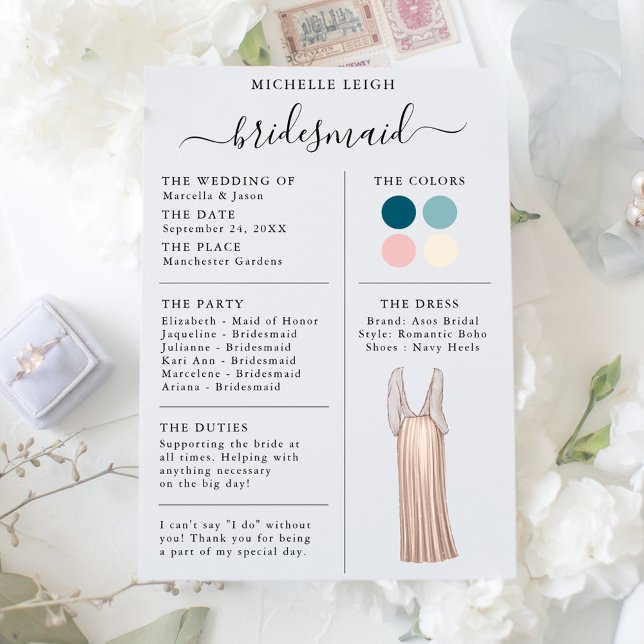 Bridesmaid Info Card Details Teal, Pink, Ivory (Creator Uploaded)