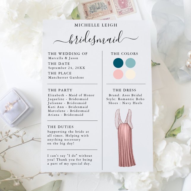 Bridesmaid Info Card Details Teal, Pink, Ivory (Creator Uploaded)