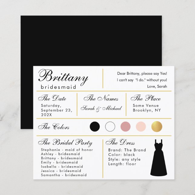 Bridesmaid Information Card - Black Gold Wedding (Front/Back)