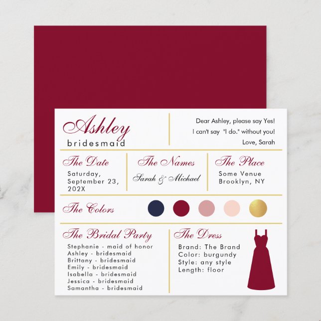  Bridesmaid Information Card Burgundy Gold Colours (Front/Back)