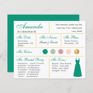 Bridesmaid Information Card Emerald Green Gold