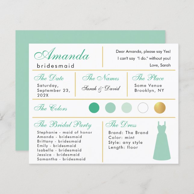  Bridesmaid Information Card Mint Green Faux Gold  (Front/Back)
