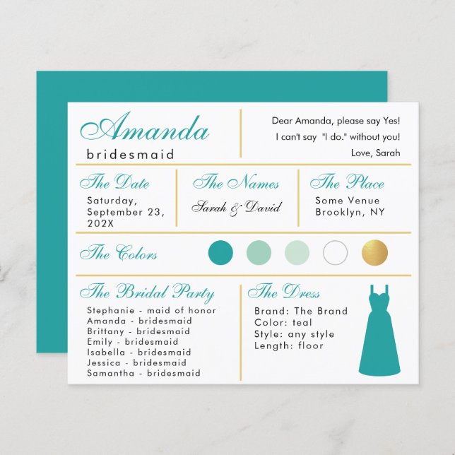  Bridesmaid Information Card Teal Faux Gold Colour (Front/Back)