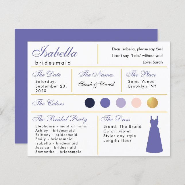  Bridesmaid Information Card Violet Purple Gold (Front/Back)