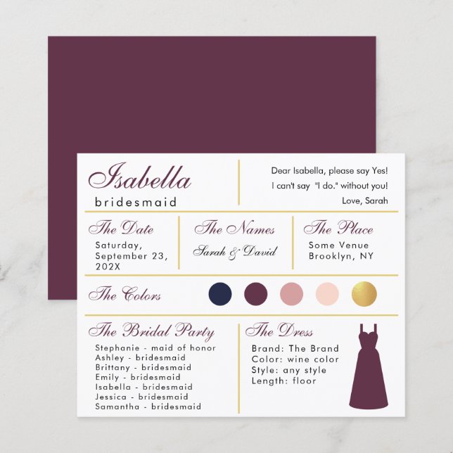  Bridesmaid Information Card Wine Colour Faux Gold (Front/Back)