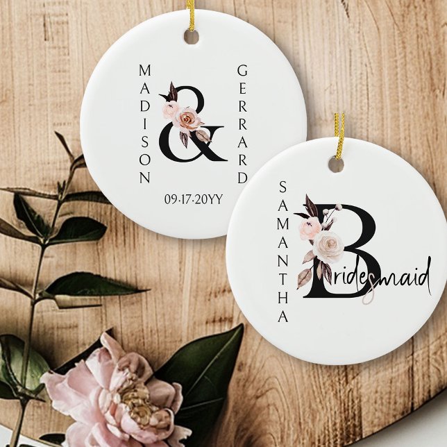 Bridesmaid Keepsake Boho Floral Letter Ceramic Tree Decoration (Bridal Party keepsake gift to personalize for your Bridesmaids)