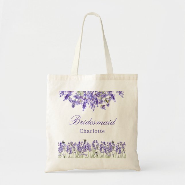 Bridesmaid lavender florals violet name script tote bag (Front)