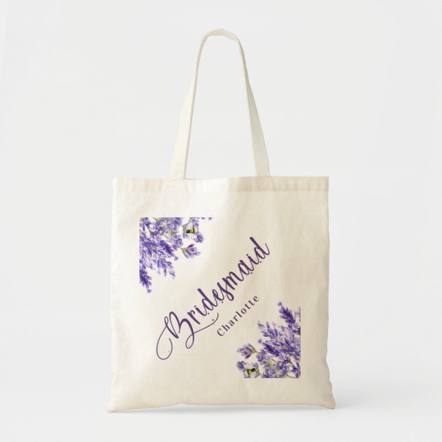 Bridesmaid lavender florals violet script wedding tote bag (Front)