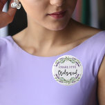 Bridesmaid lavender violet eucalyptus wedding 3 cm round badge<br><div class="desc">For the bridesmaid. A chic white background. Decorated with lavender,  violet florals flowers and watercolored eucalyptus greenery. Personalize and add a name.</div>
