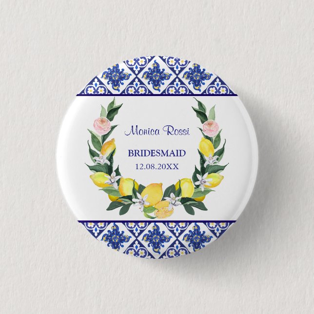 Bridesmaid Lemon Blue Italian Tiles Bridal Shower  3 Cm Round Badge (Front)