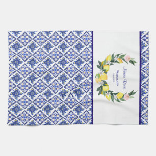 Bridesmaid Lemon Blue Italian Tiles Bridal Shower Tea Towel