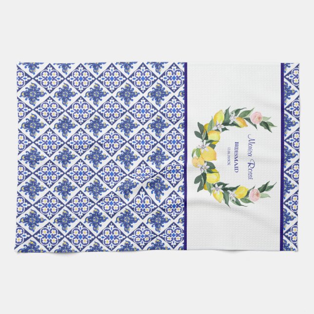 Bridesmaid Lemon Blue Italian Tiles Bridal Shower  Tea Towel (Horizontal)