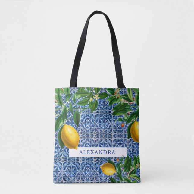 Bridesmaid Lemons Blue Tiles Personal Tote Bag (Front)