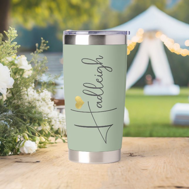 Bridesmaid | Minimal Script Name Gold Heart Sage  Insulated Tumbler (Wedding)