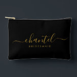 Bridesmaid Modern Gold Script Black Accessory Pouch<br><div class="desc">This Bridesmaid accessory bag features a handwritten gold script typography with swashes on a black background. Present your bridesmaids with a toiletry bag for their makeup and small items traditionally presented at the rehearsal dinner,  for use in the early morning before the wedding.</div>