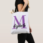 Bridesmaid Modern Minimalist Script Bachelorette Tote Bag<br><div class="desc">Simple tote bag is personalised with a large monogram initial - choose your first or last name initial -  in purple and your first name in chic lettering.  Ideal for yourself,  for your bridesmaids,  bachelorette party or any occasion. MORE colours in our store.</div>