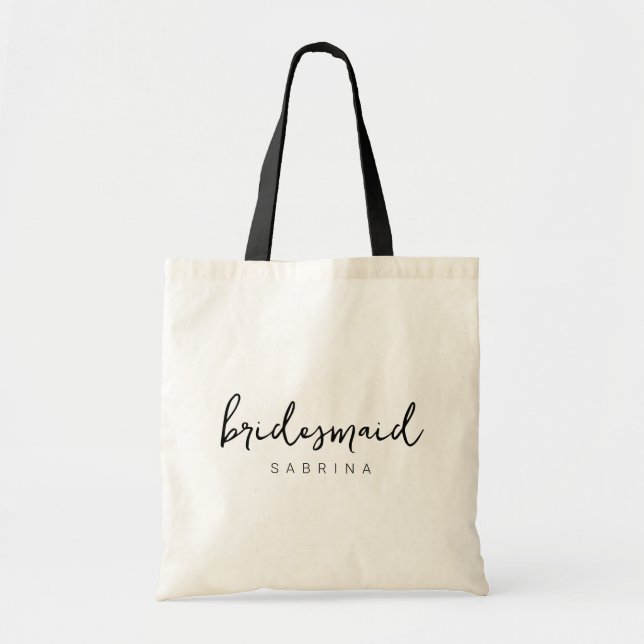 Bridesmaid | Modern Minimalist Script Bachelorette Tote Bag (Front)