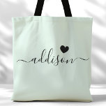 Bridesmaid Modern Script Heart Pale Mint Tote Bag<br><div class="desc">This chic tote bag features a beautiful Pale Mint background adorned with a modern script font and a delicate heart design. The soft, elegant colour and sophisticated typography make it an ideal accessory for bridesmaids or anyone who loves stylish and trendy designs. Perfect for carrying essentials, this tote bag adds...</div>